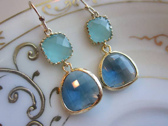 Aqua Blue Earrings Sapphire Gold