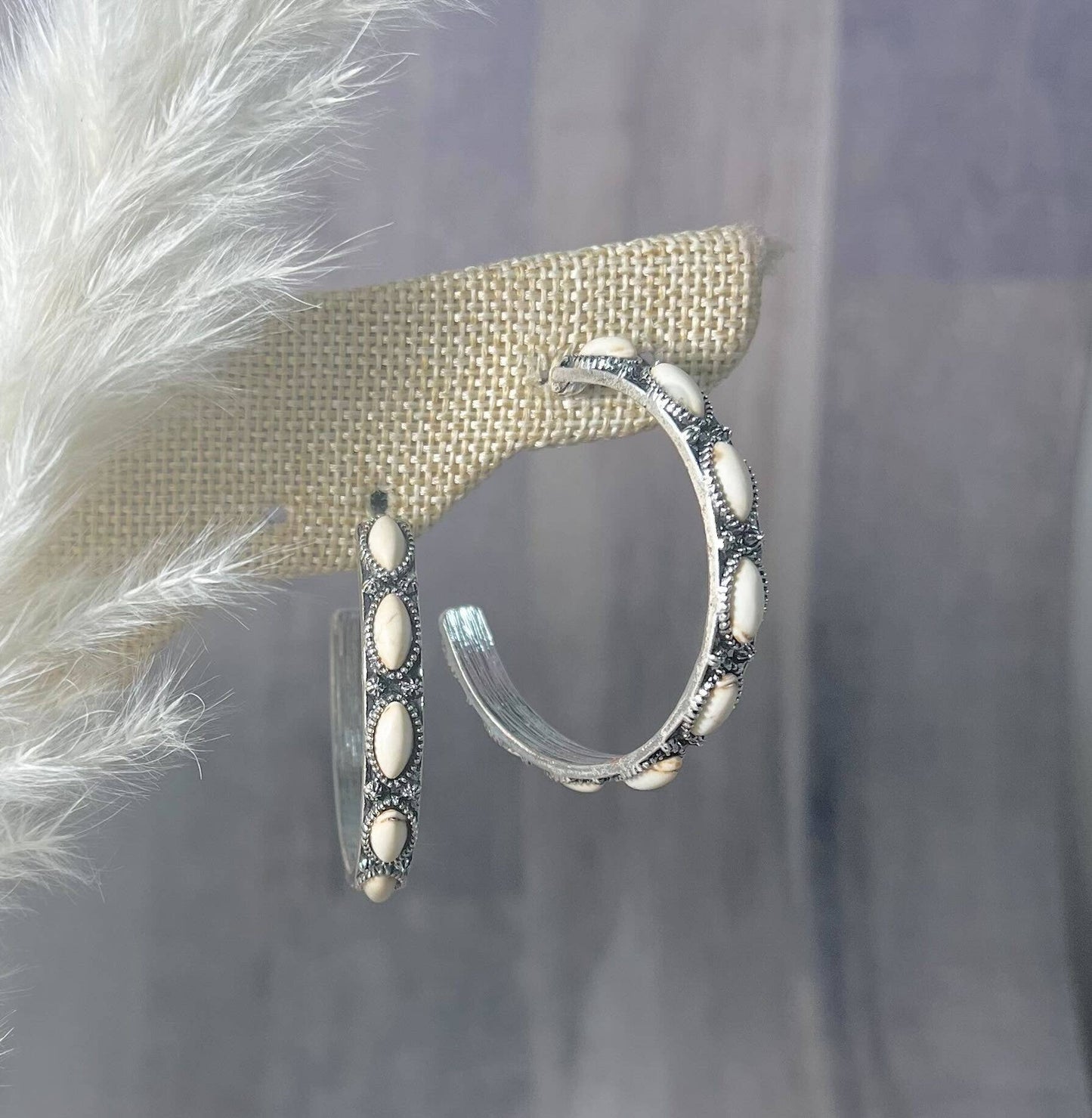 Western Cream Howlite Silver Hoop Earrings
