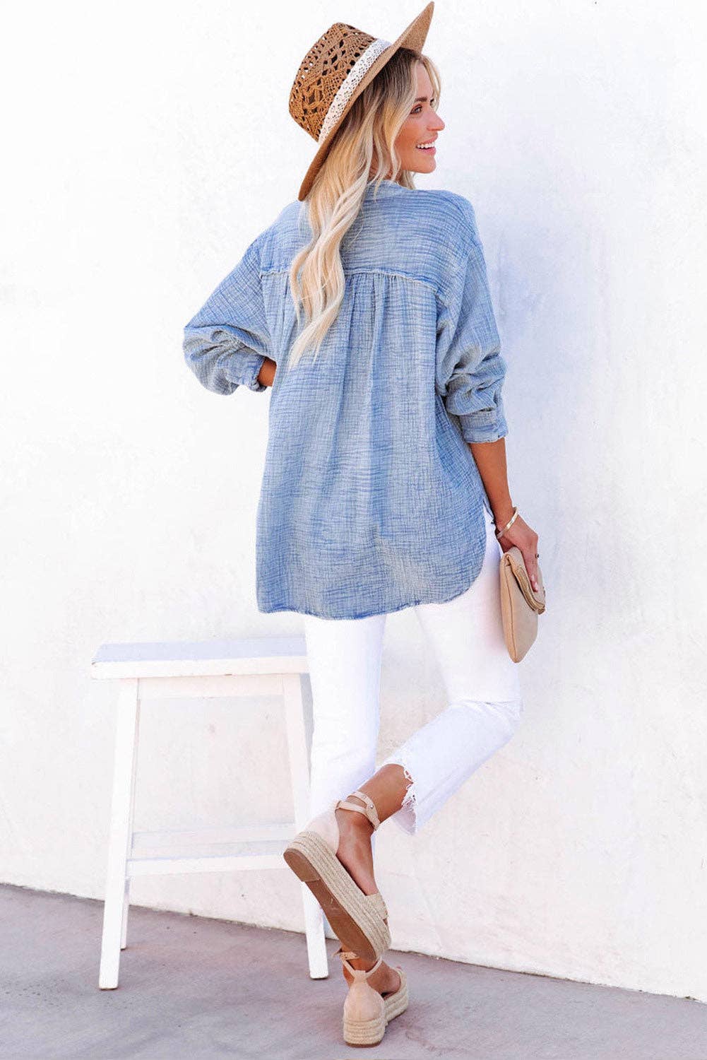 Naomi Crinkle Textured Loose Henley Top