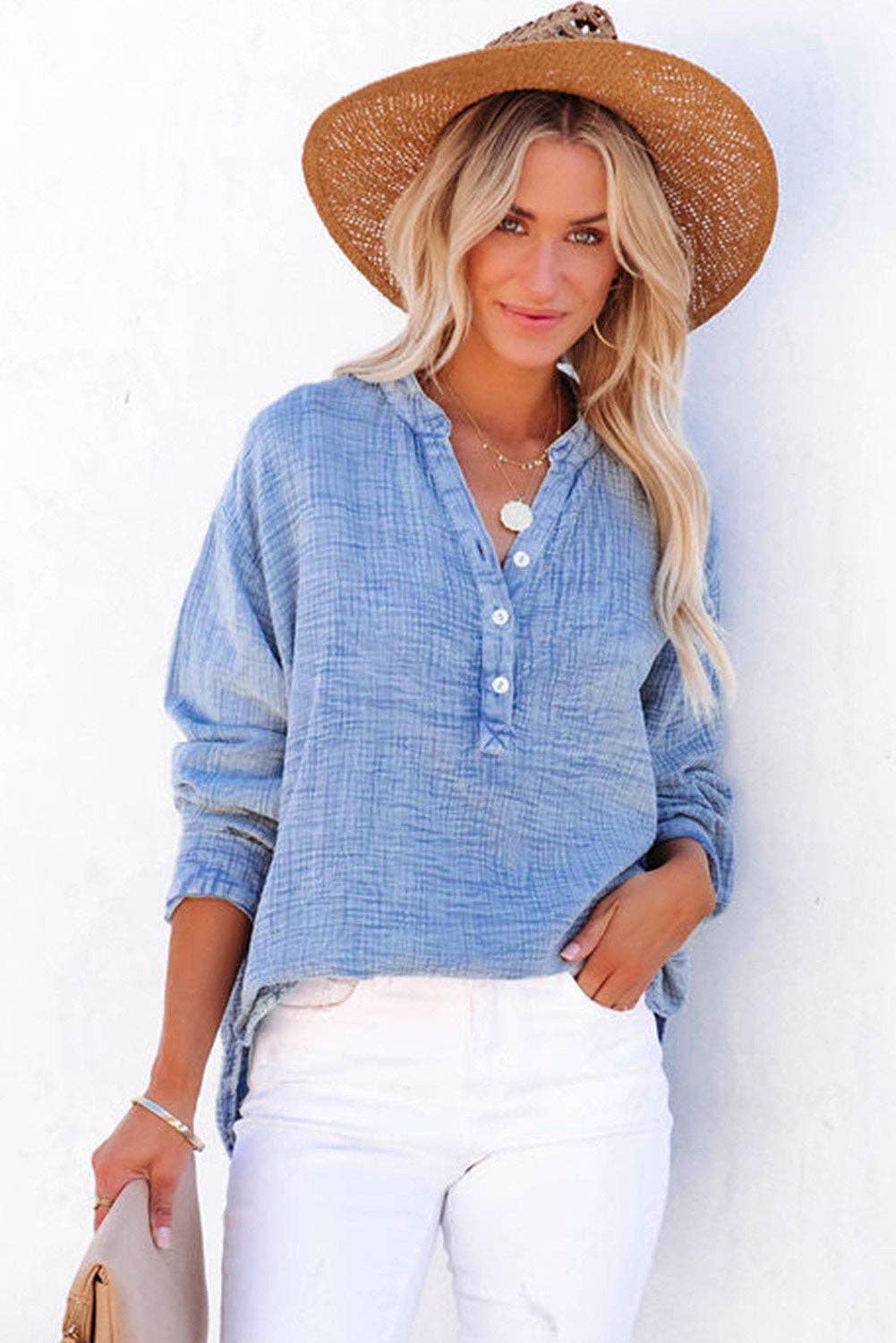 Naomi Crinkle Textured Loose Henley Top
