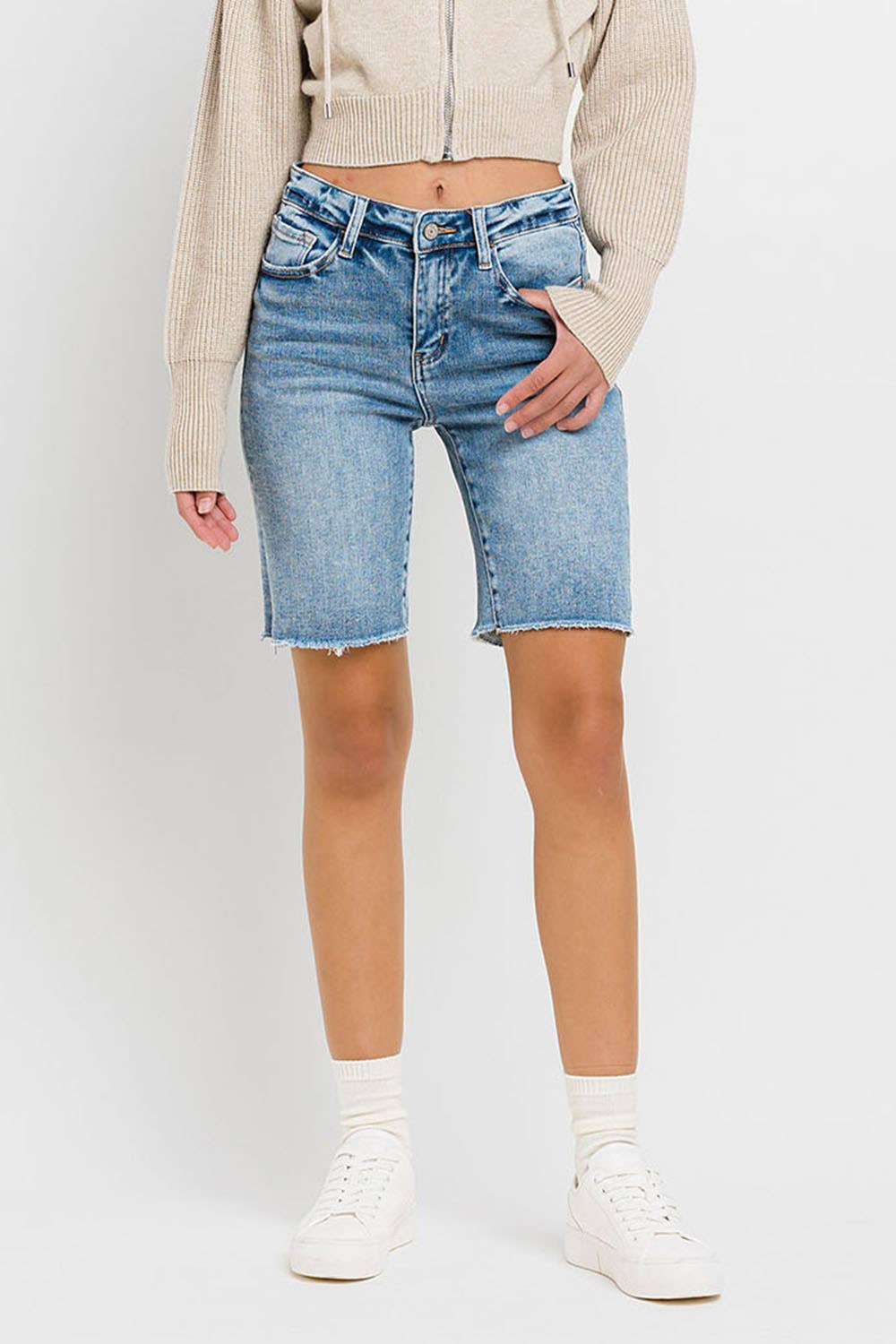 HIGH RISE RAW HEM BERMUDA SHORTS - Vervet