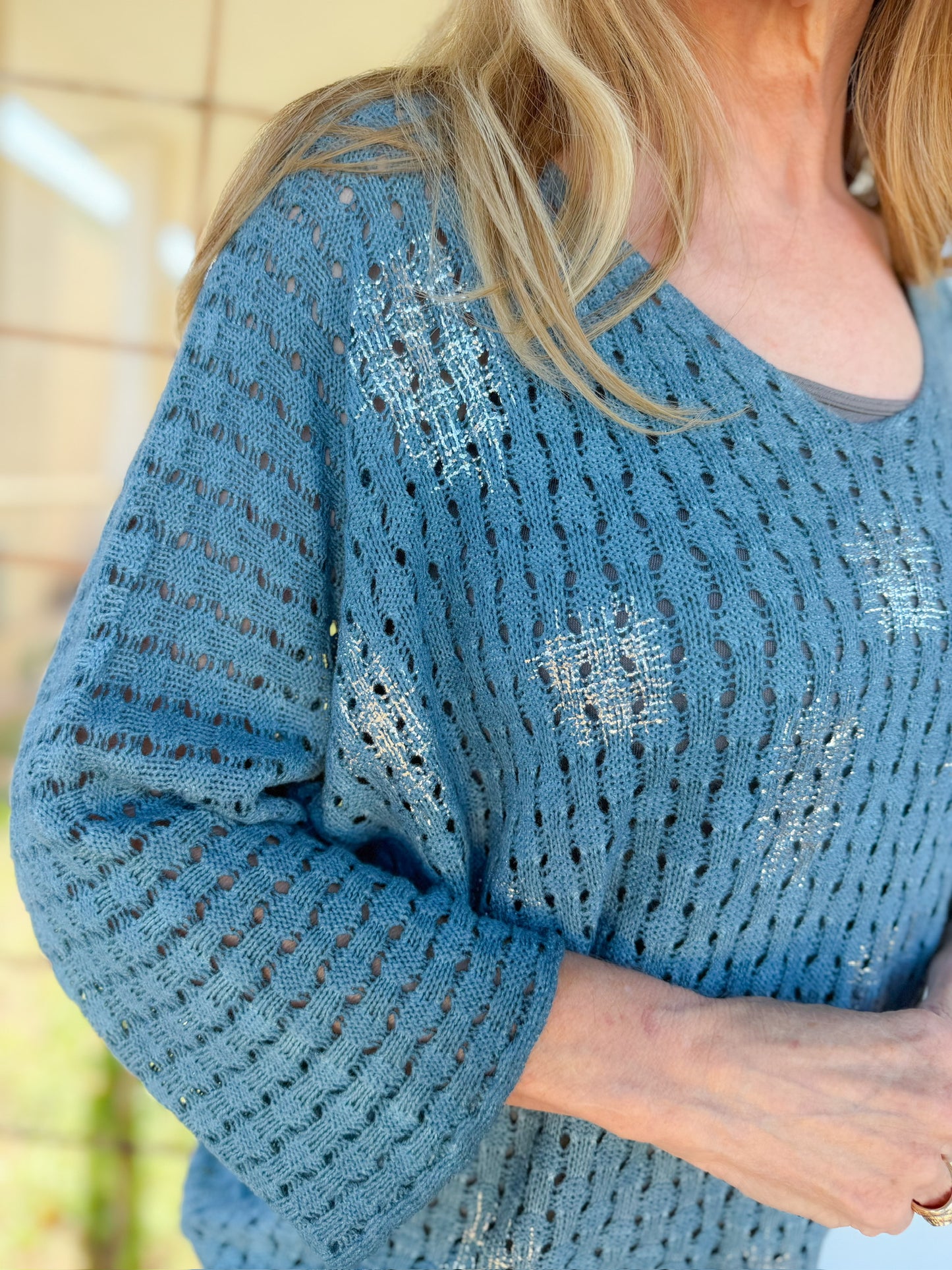 Beverly Open Knit Sweater - Dusty Blue