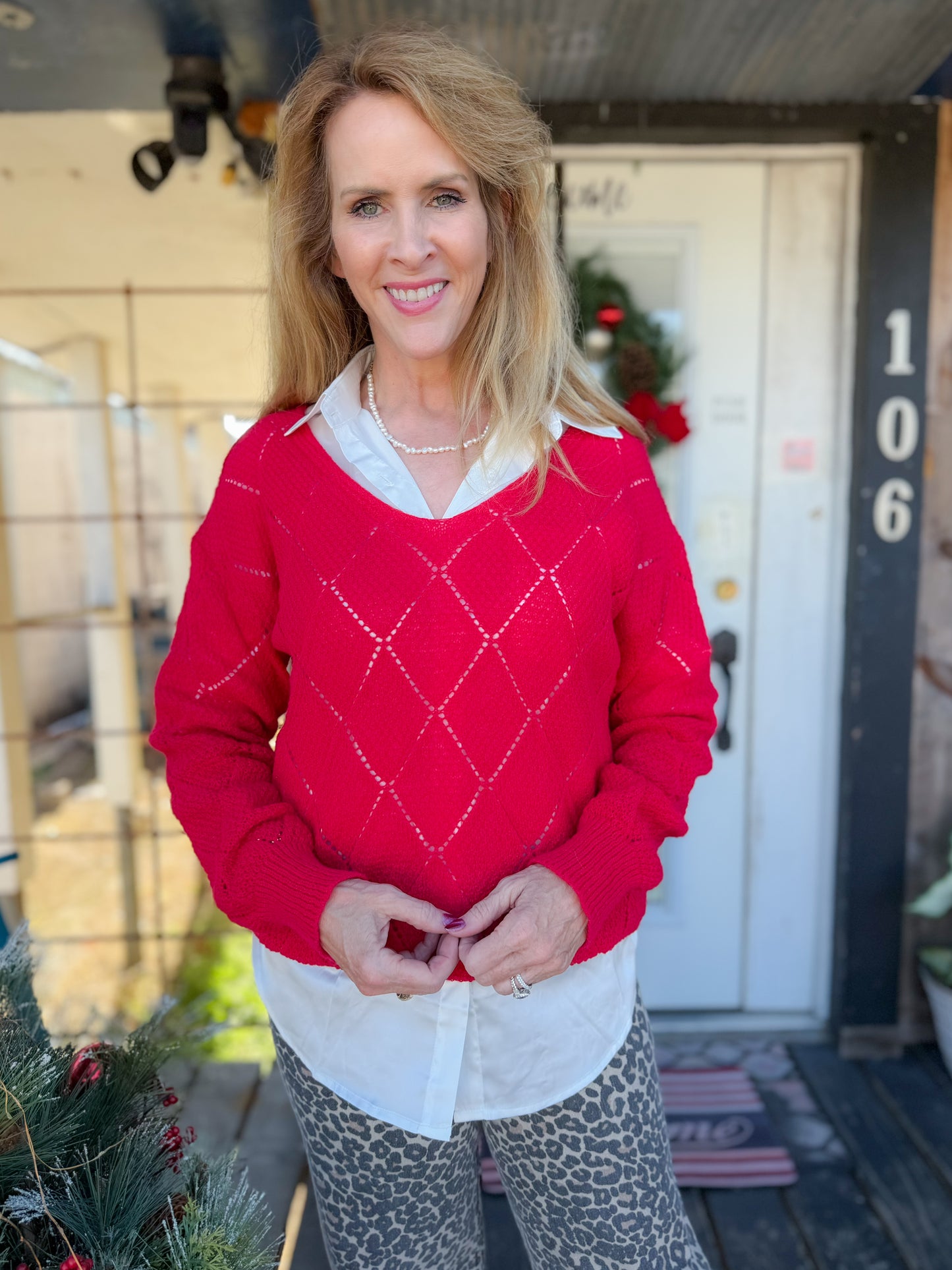 Red Open Knit V-Neck Sweater