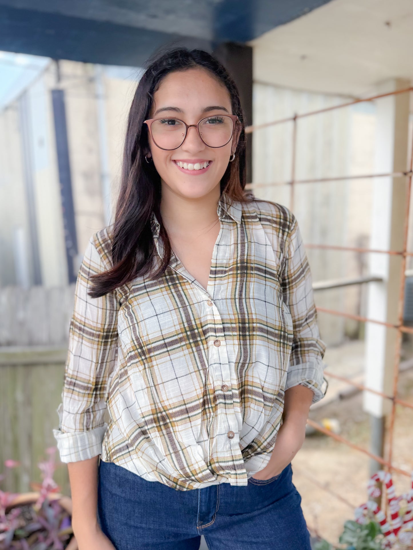Autumn Trails Plaid Button Top