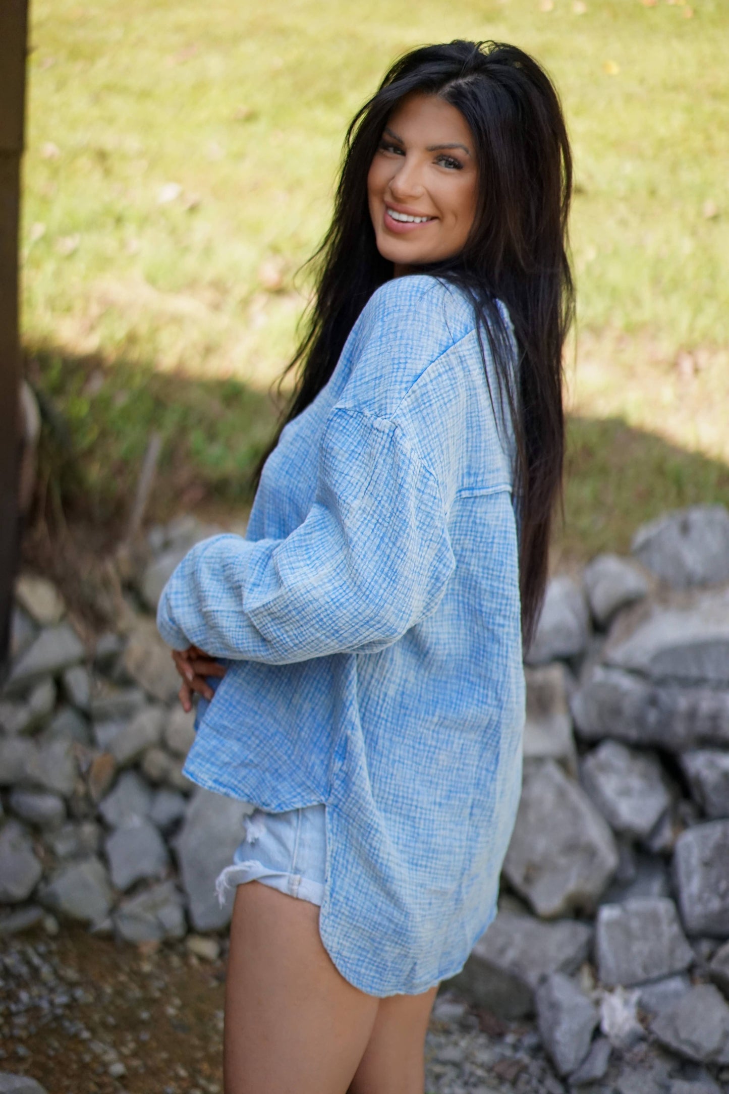 Naomi Crinkle Textured Loose Henley Top