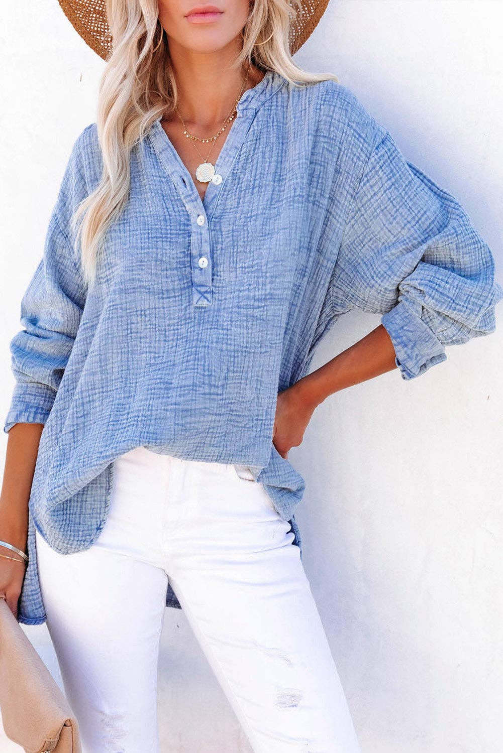 Naomi Crinkle Textured Loose Henley Top