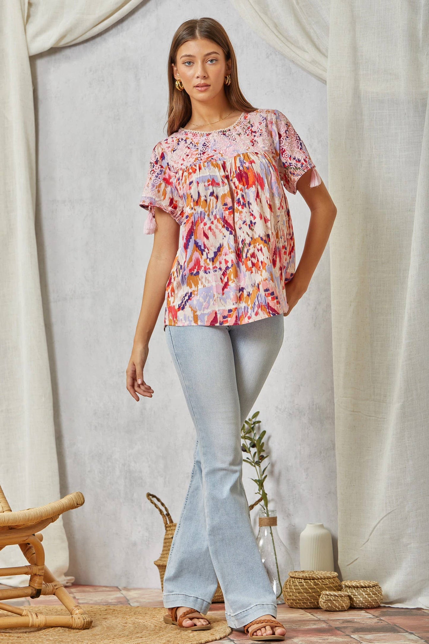 Aztec Inspired Tunic Top With Round Neckline