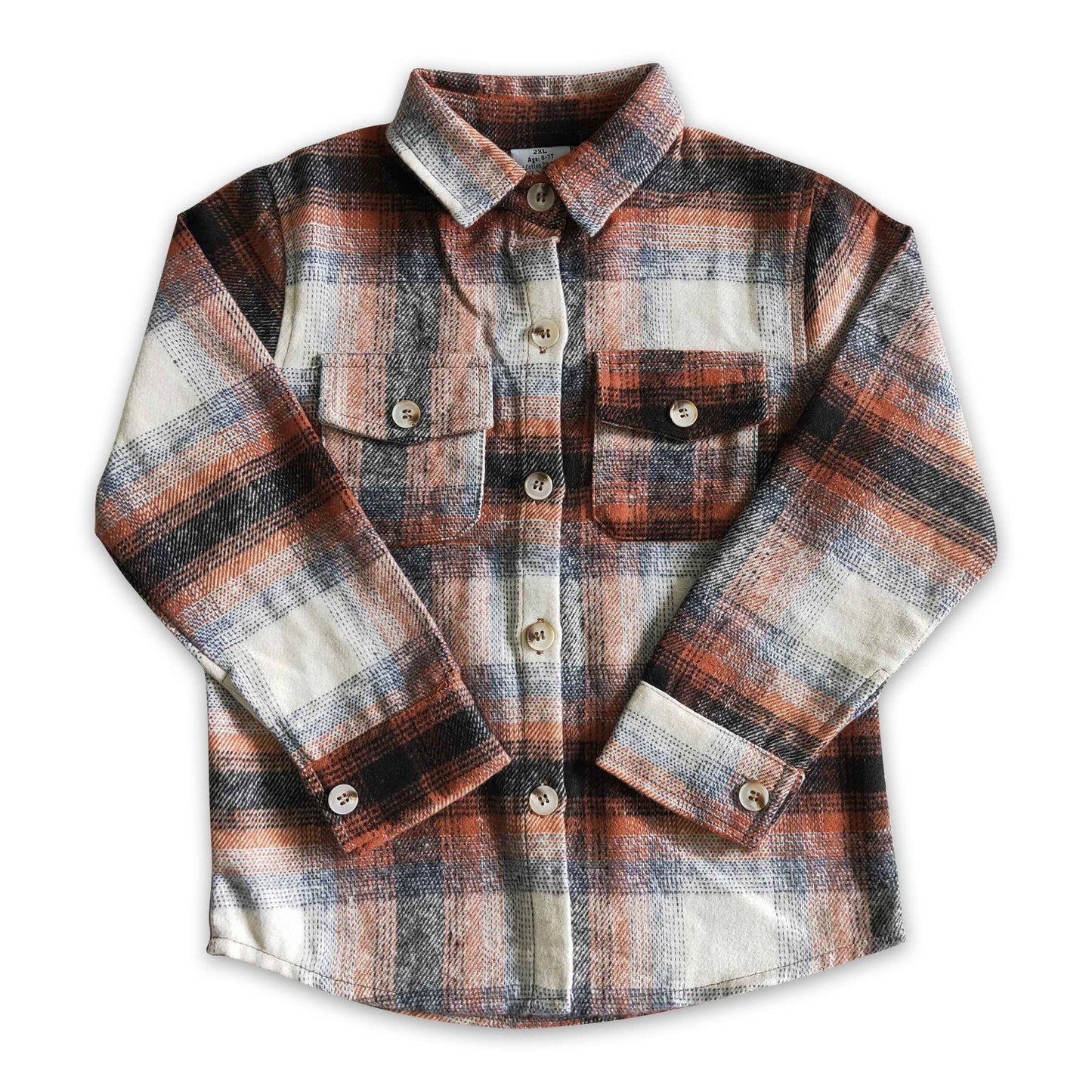 Brown plaid cotton pocket boy thick flannel button up shirt