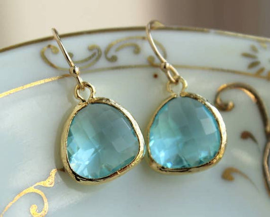 Aquamarine Blue Earrings Gold Plated, Mother's Day Gift