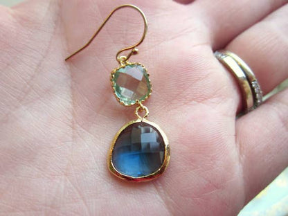 Sapphire Navy Prasiolite Glass Gold Plated Earrings