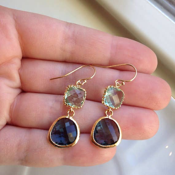 Sapphire Navy Prasiolite Glass Gold Plated Earrings