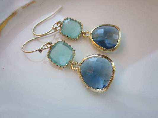 Aqua Blue Earrings Sapphire Gold