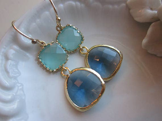 Aqua Blue Earrings Sapphire Gold