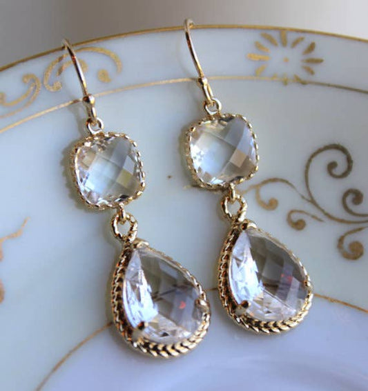 Gold Clear Earrings Crystal - Two Tier