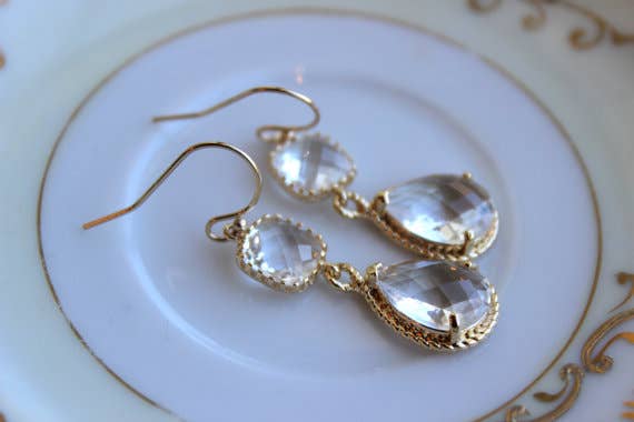 Gold Clear Earrings Crystal - Two Tier