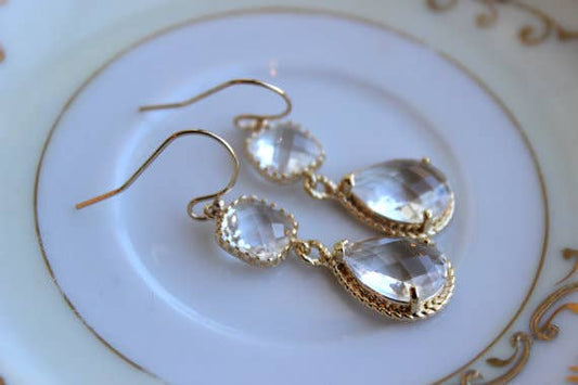 Gold & Clear Crystal Teardrop Earrings