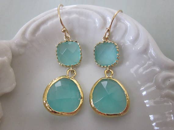 Aqua Blue Earrings Gold Mint Earrings