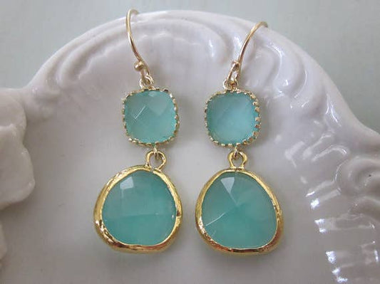 Aqua Blue Earrings Gold Mint Earrings