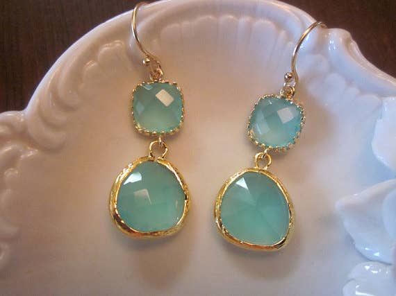 Aqua Blue Earrings Gold Mint Earrings