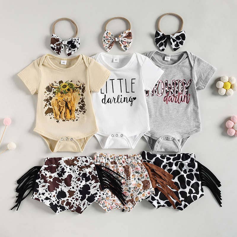 Baby Short Sleeve Jumpsuit Bull Head Floral Tassel Set