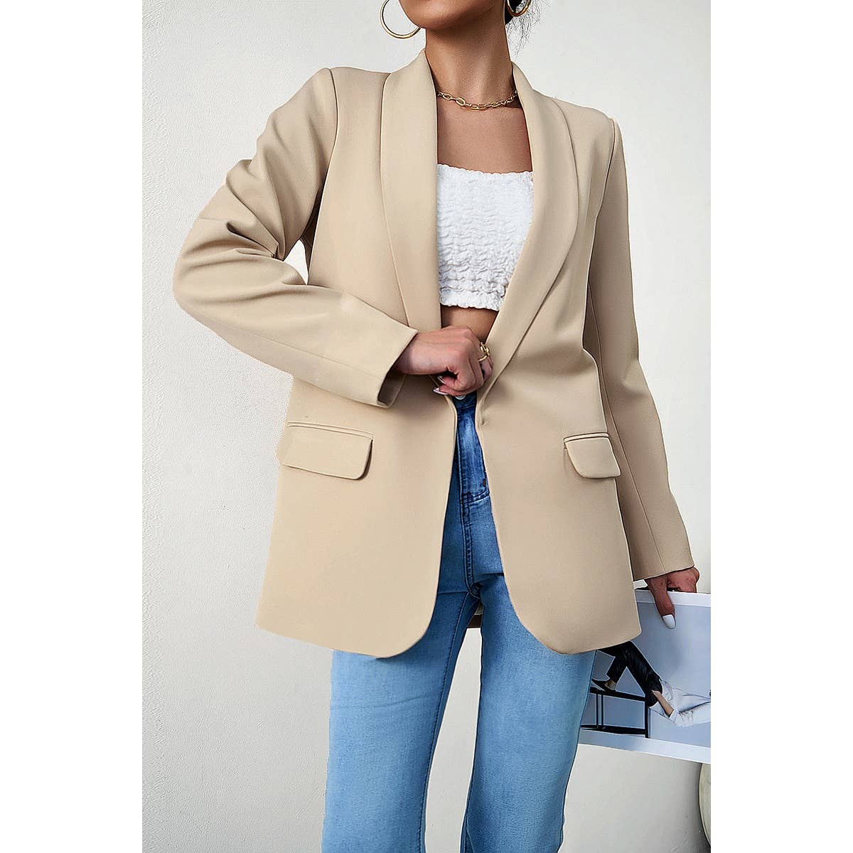 Solid Front Open Turndown Collar Blazer