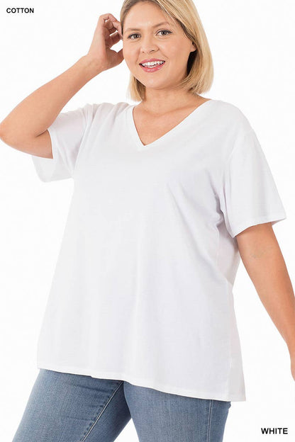 PLUS SIZE COTTON SHORT SLEEVE BOYFRIEND V-NECK TOP