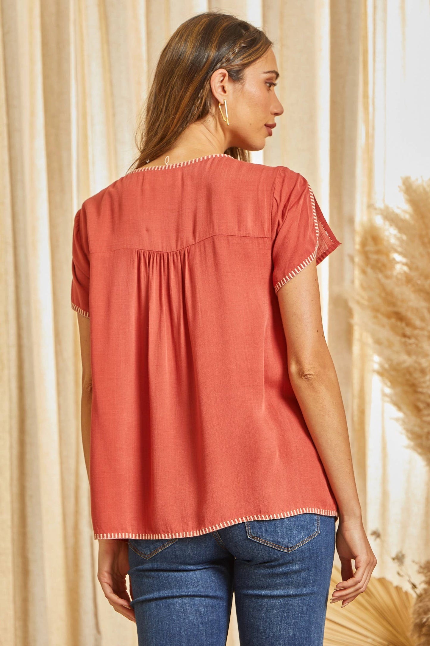 Savannah Jane Split Embroidery Sleeve Flowy Blouse