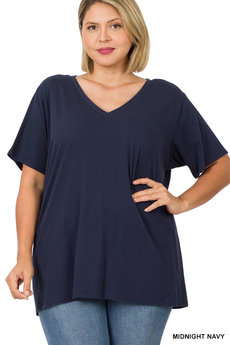 PLUS SIZE COTTON SHORT SLEEVE BOYFRIEND V-NECK TOP