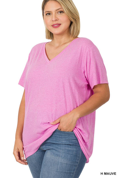 PLUS SIZE COTTON SHORT SLEEVE BOYFRIEND V-NECK TOP