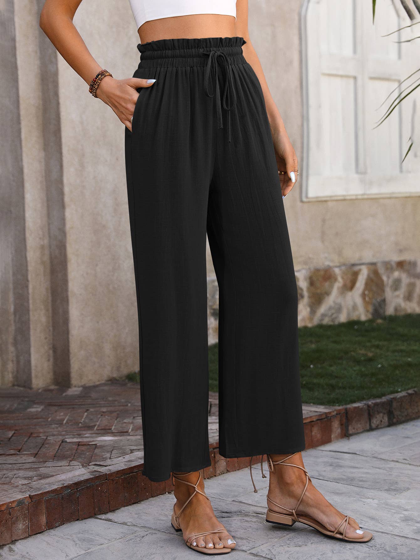 Drawstring palazzo paperbag pants