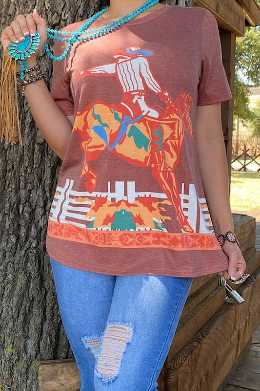 Cowboy riding horse printed top