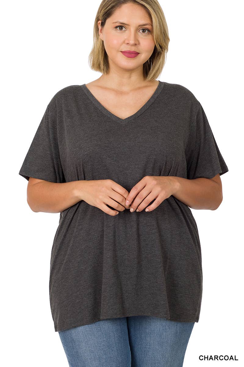 PLUS SIZE COTTON SHORT SLEEVE BOYFRIEND V-NECK TOP