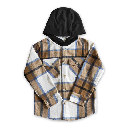 Brown plaid cotton pocket boy thick flannel button up shirt