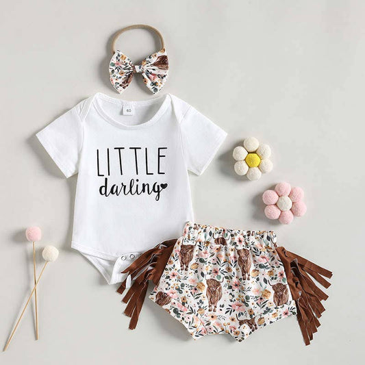 Baby Short Sleeve Jumpsuit Bull Head Floral Tassel Set