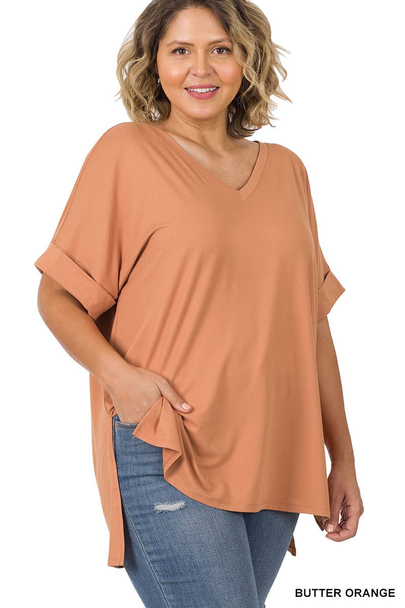 [PLUS SIZE] BUTTERORANGE BRUSHED DTY ROLLED SHORT SLEEVE V-NECK TOP WITH SIDE SLIT HIGH-LOW HEM
