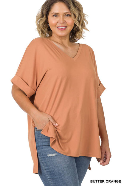 [PLUS SIZE] BUTTERORANGE BRUSHED DTY ROLLED SHORT SLEEVE V-NECK TOP WITH SIDE SLIT HIGH-LOW HEM