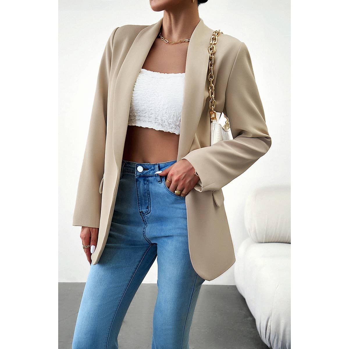 Solid Front Open Turndown Collar Blazer