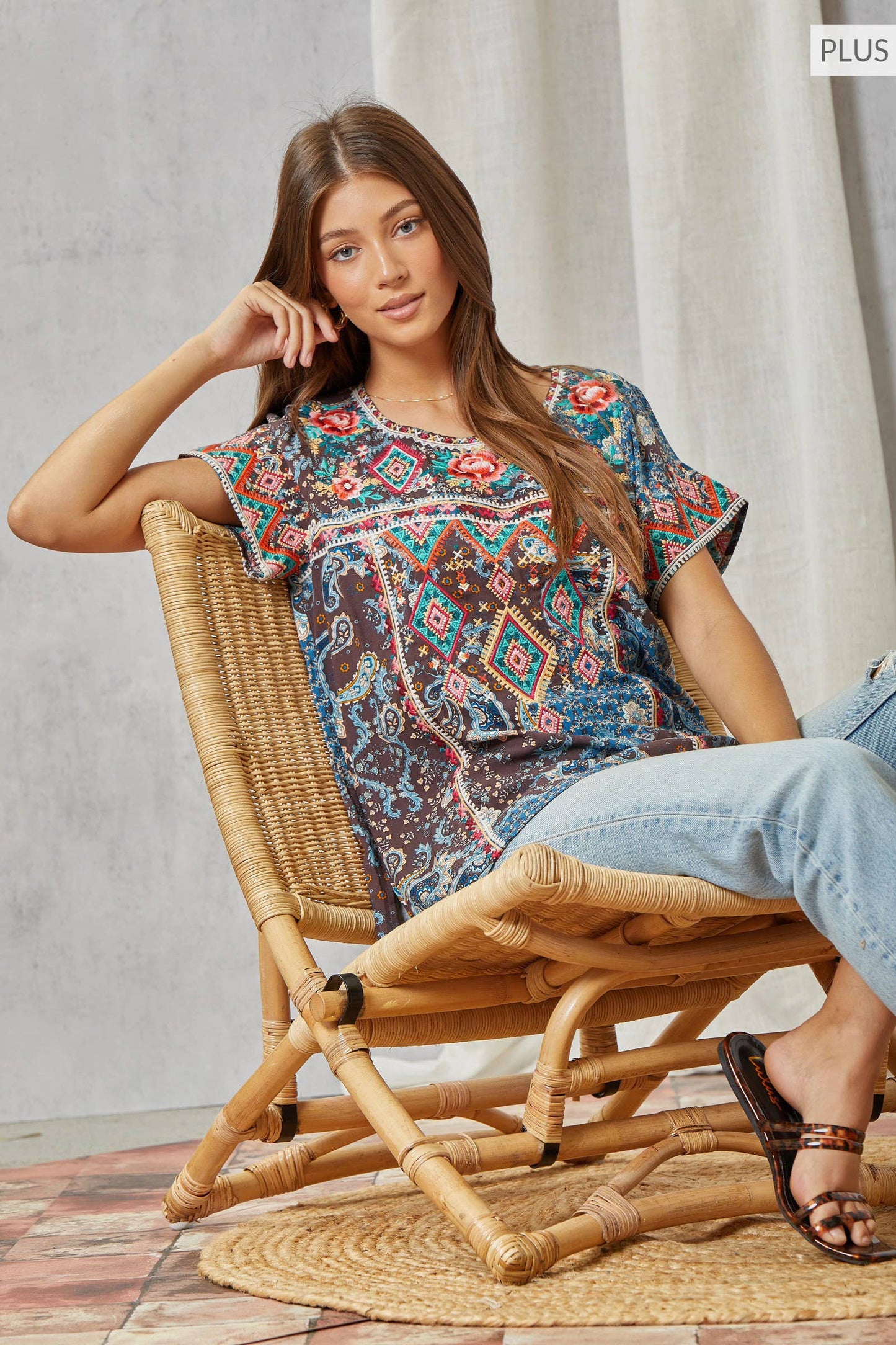 Savannah Jane PLUS SIZE Aztec Embroidery Tunic Top Features a Round Neck