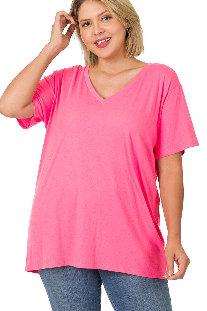 PLUS SIZE COTTON SHORT SLEEVE BOYFRIEND V-NECK TOP