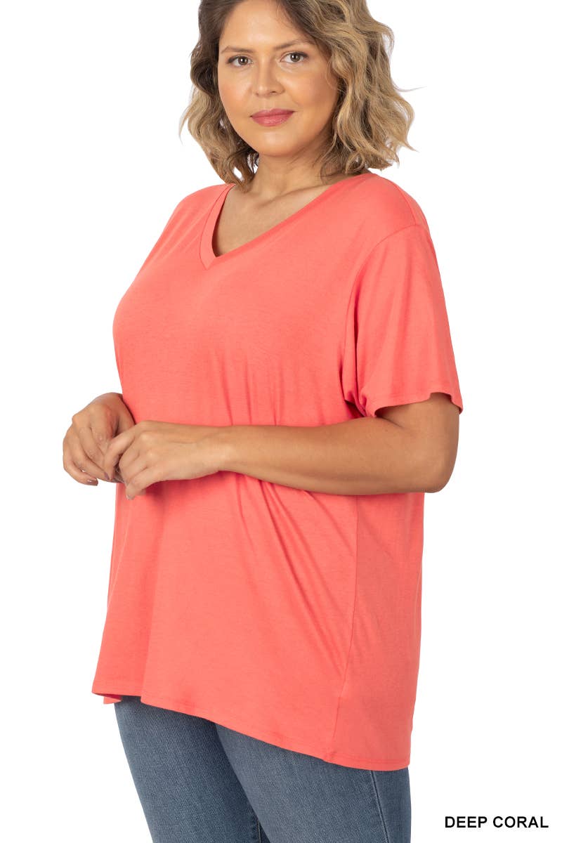 PLUS SIZE COTTON SHORT SLEEVE BOYFRIEND V-NECK TOP