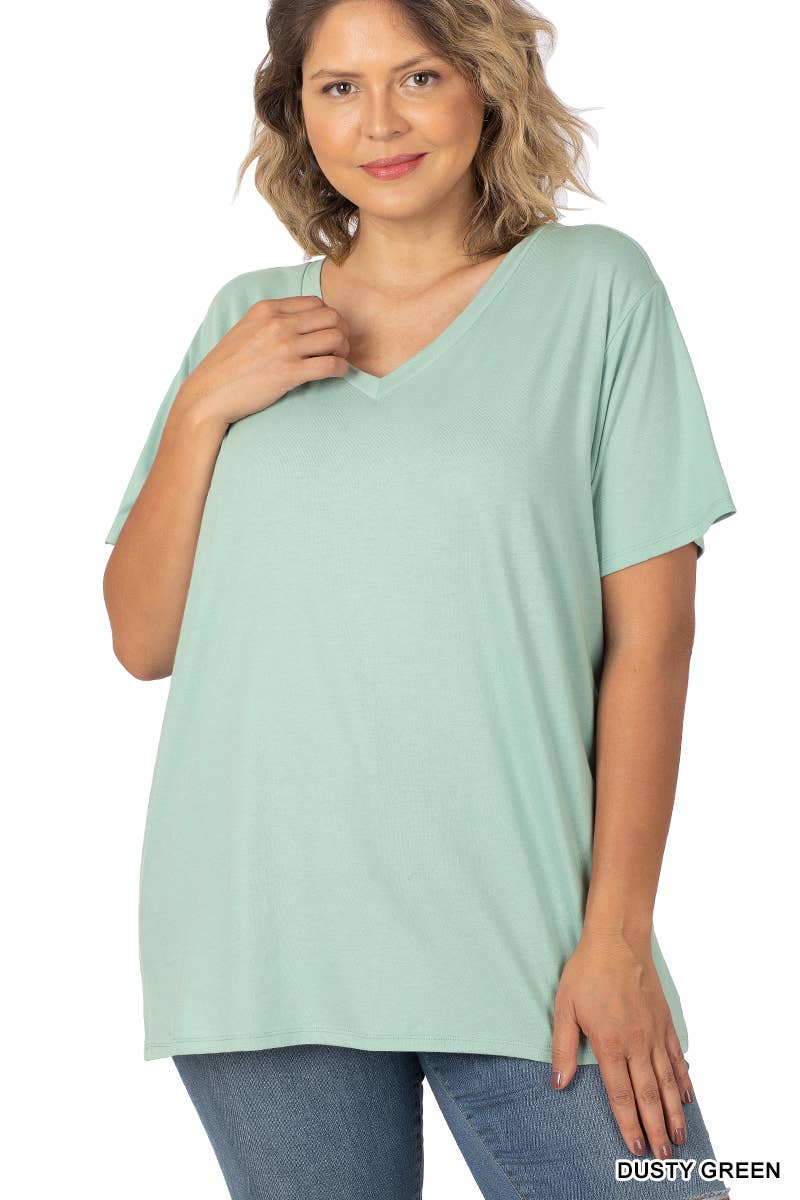 PLUS SIZE COTTON SHORT SLEEVE BOYFRIEND V-NECK TOP