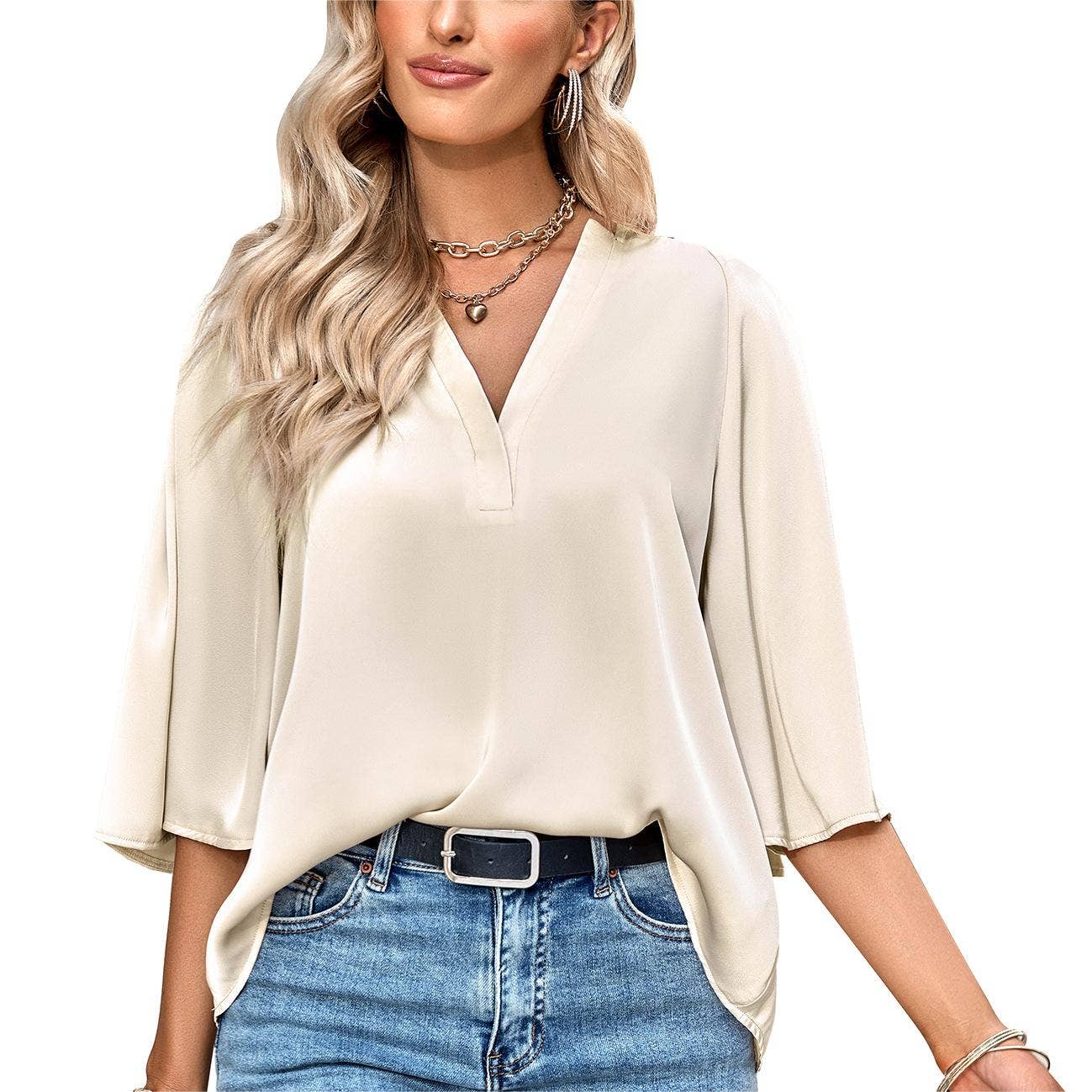 3/4 Sleeve Casual Loose Shirts V Neck Blouses