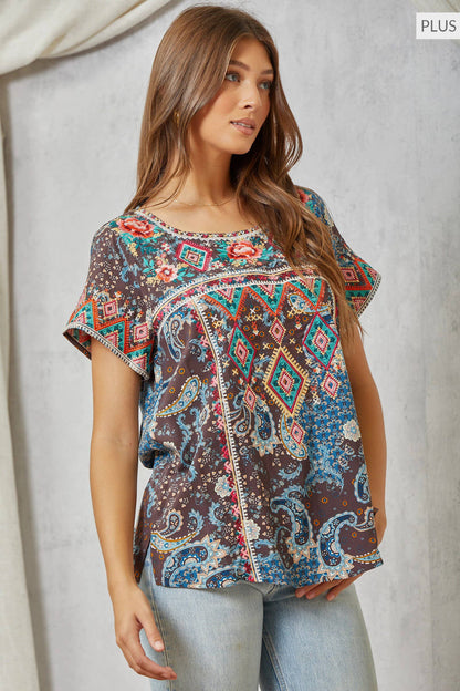 Savannah Jane PLUS SIZE Aztec Embroidery Tunic Top Features a Round Neck