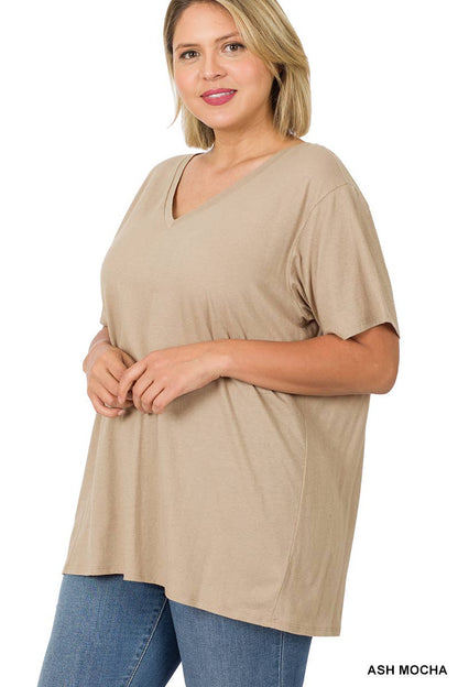 PLUS SIZE COTTON SHORT SLEEVE BOYFRIEND V-NECK TOP