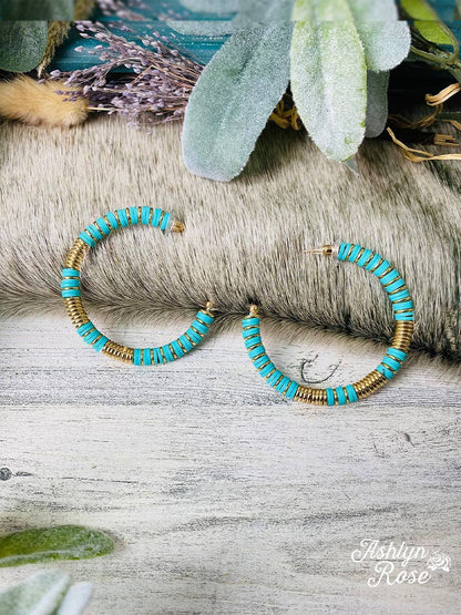 Take me to Bali Turquoise with gold hoop earrings