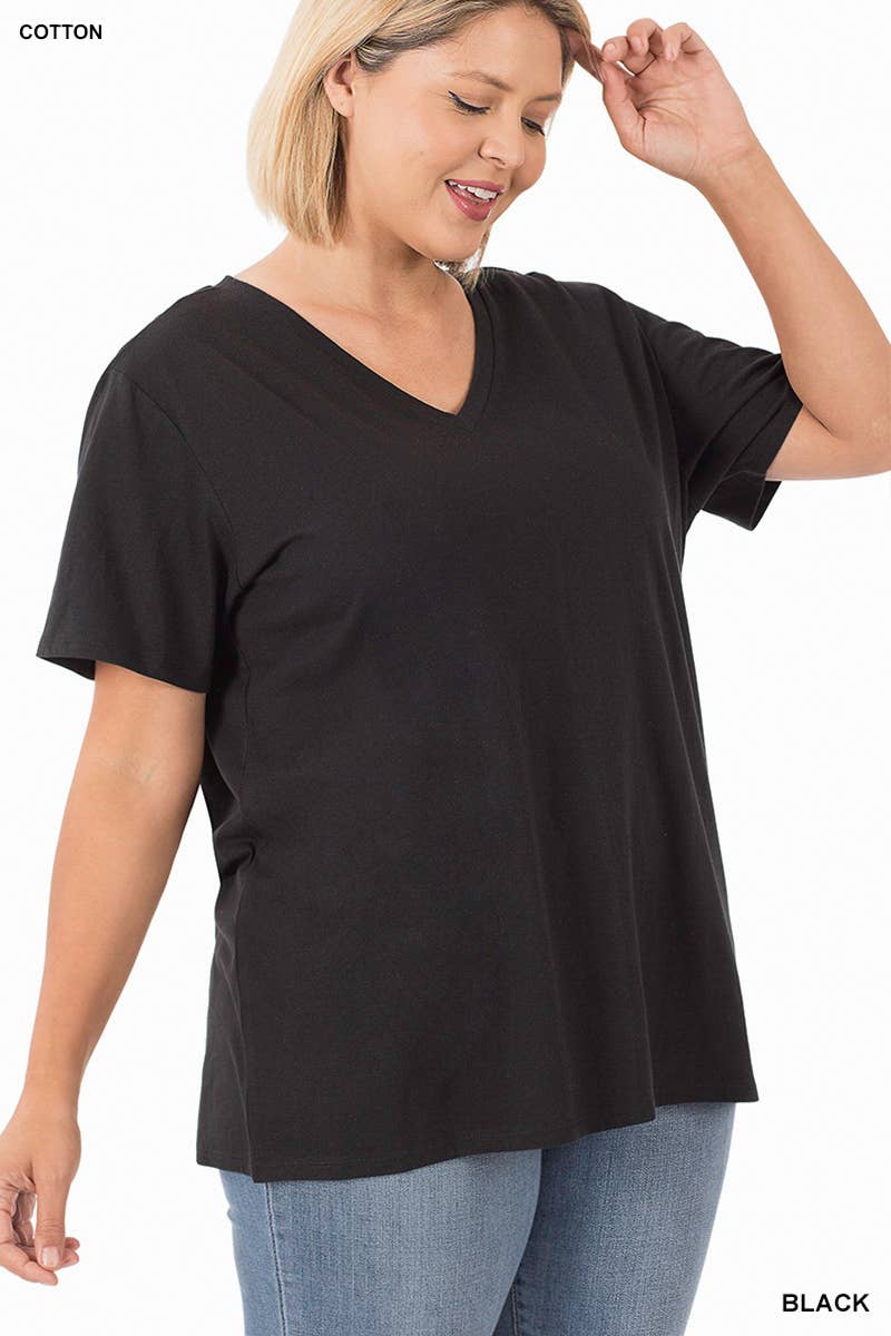 PLUS SIZE COTTON SHORT SLEEVE BOYFRIEND V-NECK TOP