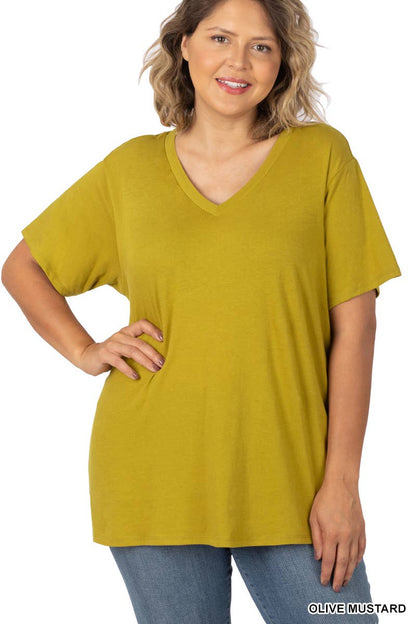 PLUS SIZE COTTON SHORT SLEEVE BOYFRIEND V-NECK TOP