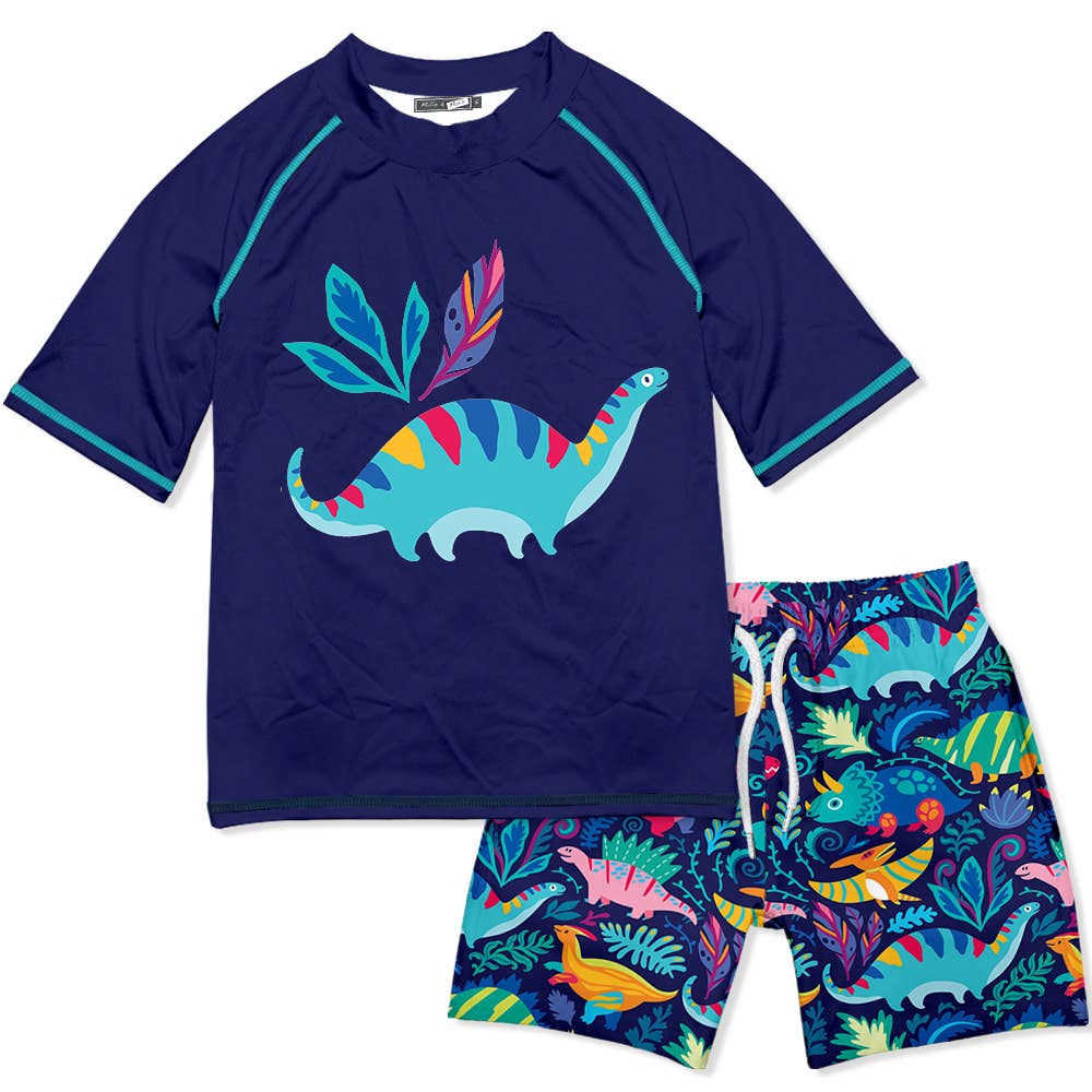 Boys Navy Dino Short-Sleeve Rashguard Set