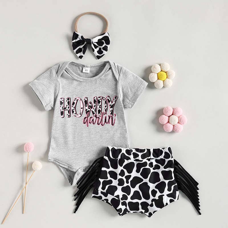 Baby Short Sleeve Jumpsuit Bull Head Floral Tassel Set