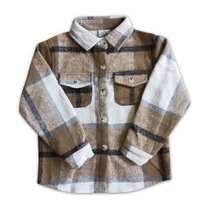 Brown plaid cotton pocket boy thick flannel button up shirt